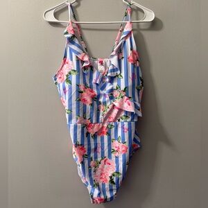 Betsey‎ Johnson Pink Floral Blue Stripe Print Women’s One Piece Swimsuit XL NEW
